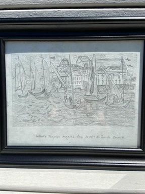 Framed sketch of sailboats and waterfront buildings in a harbor scene