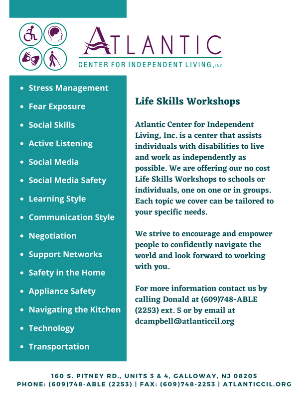 Atlantic Center for Independent Living flyer listing life skills workshops and support services.