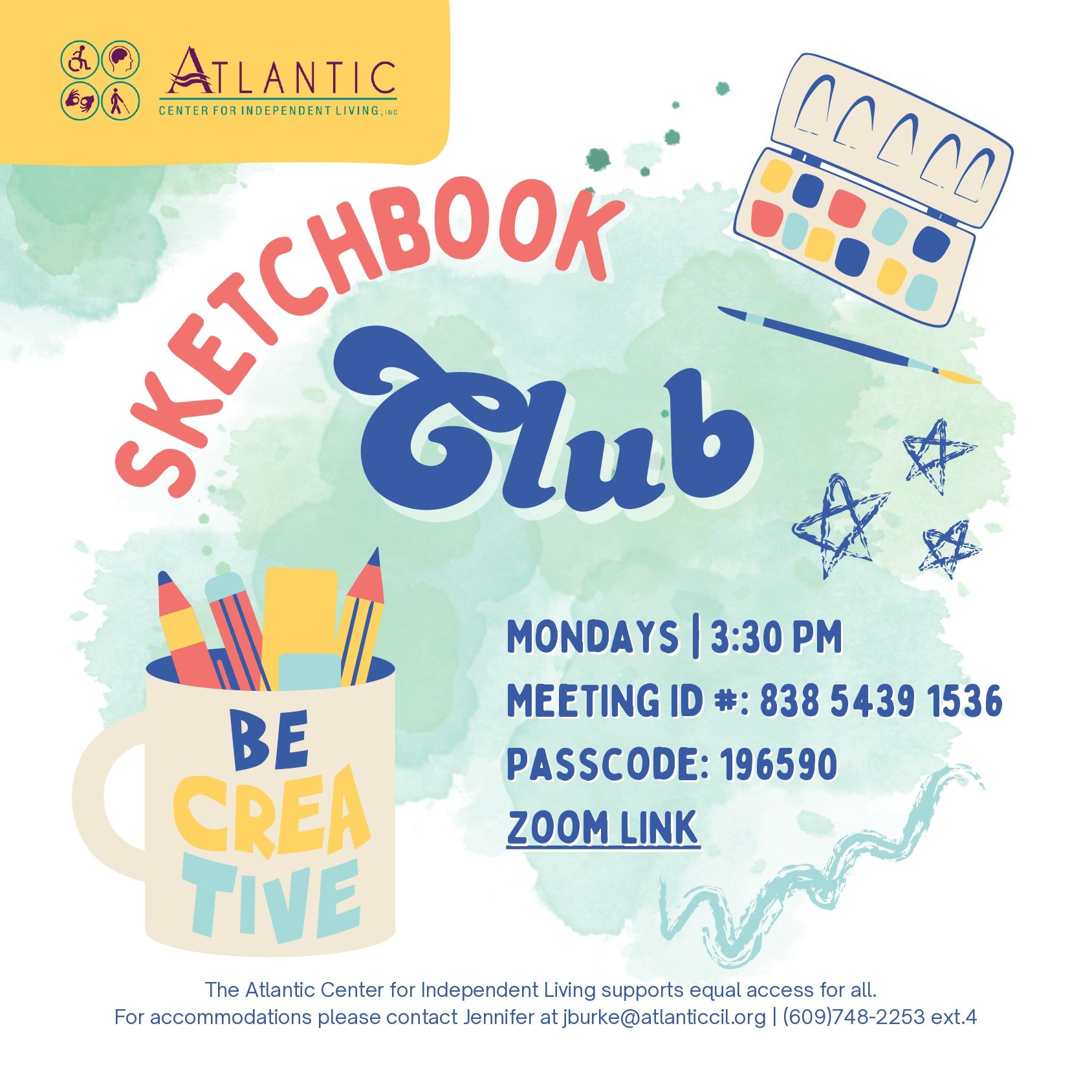 Colorful flyer for Atlantic Sketchbook Club with art supplies, meeting details, and Zoom link on a light blue background