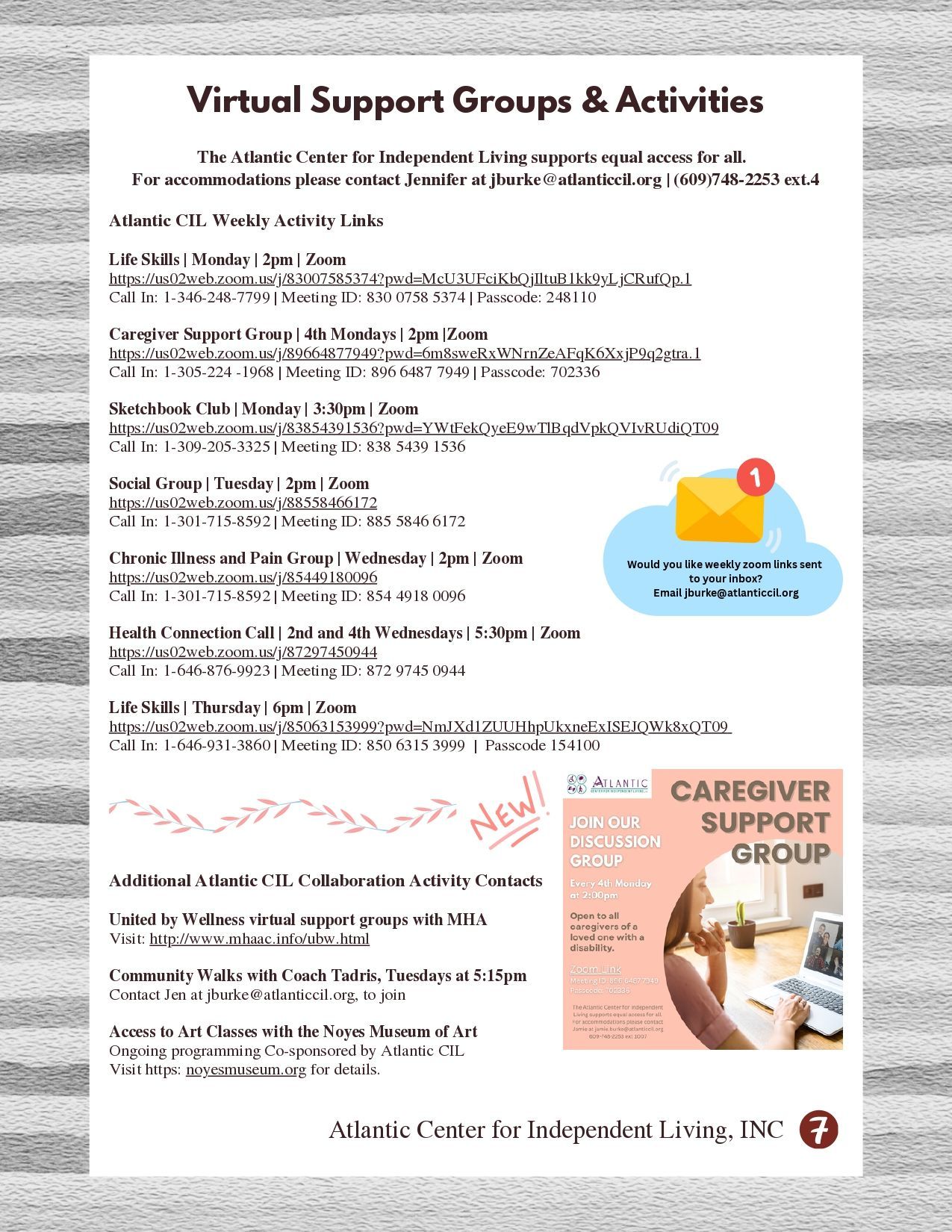 Flyer for virtual support groups and activities with a phone icon and caregiver support graphic.