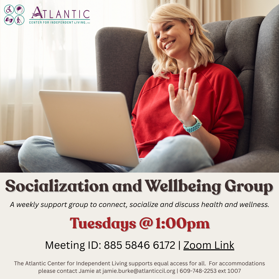 Woman smiling and waving during a Zoom socialization and wellbeing group on Tuesdays at 1:00 pm