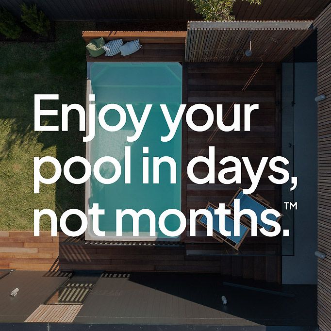 An aerial view of a pool with the words enjoy your pool in days not months