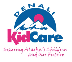 Denali KidCare logo: blue mountain scene with pink sun and text