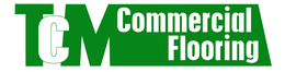 The logo for tcm commercial flooring is green and white