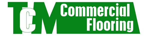 The logo for tcm commercial flooring is green and white