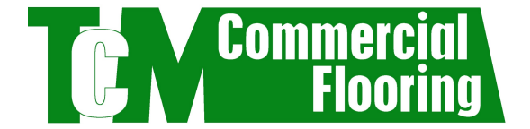 The logo for tcm commercial flooring is green and white