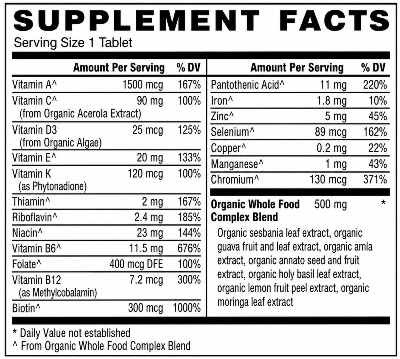 Supplement facts panel for the Once Daily Multivitamin, listing vitamins A, C, D3, E, K, B vitamins, selenium, zinc and an organic whole food complex blend