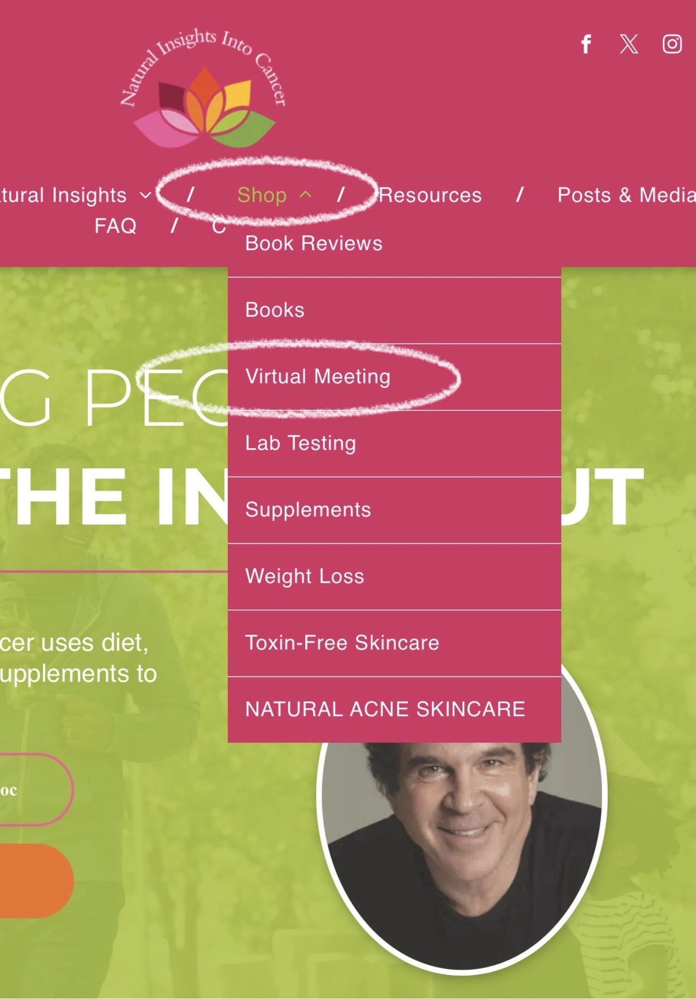 The Natural Insights Into Cancer menu with Shop and Virtual Meeting circled