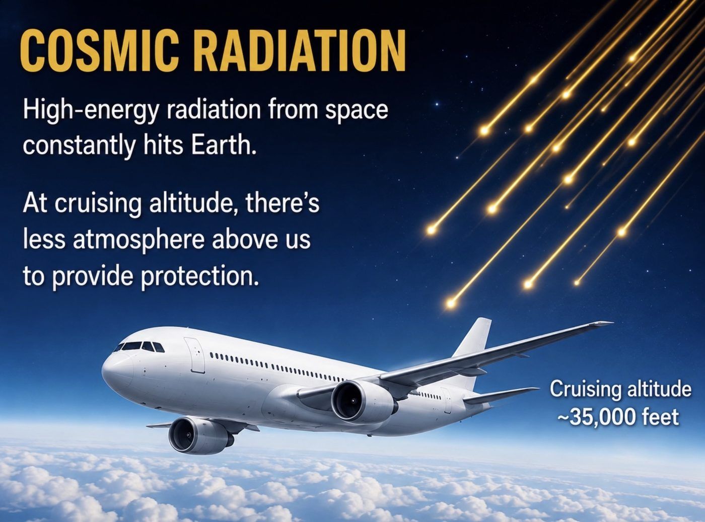 Infographic: high-energy cosmic radiation constantly hits Earth, and at a cruising altitude of about 35,000 feet there is less atmosphere above to provide protection