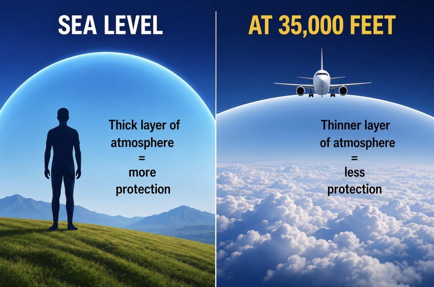 Side-by-side comparison: at sea level a thick layer of atmosphere means more protection, at 35,000 feet a thinner layer means less protection