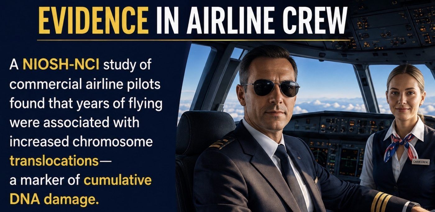 Infographic on a NIOSH-NCI study of commercial airline pilots, where years of flying were associated with increased chromosome translocations, a marker of cumulative DNA damage