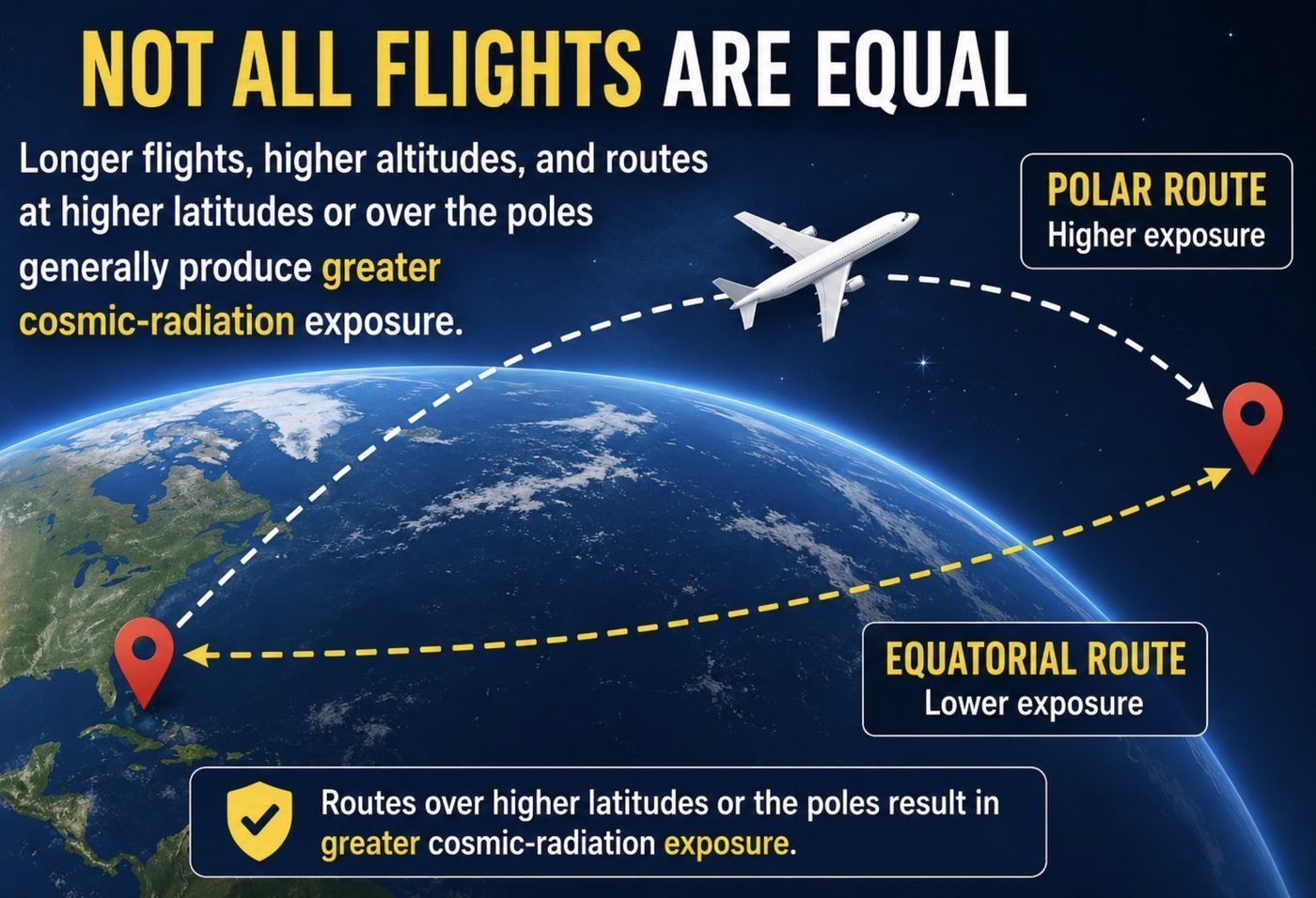 Infographic showing that longer flights, higher altitudes and polar routes produce greater cosmic-radiation exposure than equatorial routes