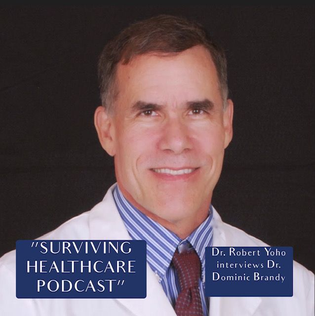 A man in a lab coat is featured on the cover of a surviving healthcare podcast