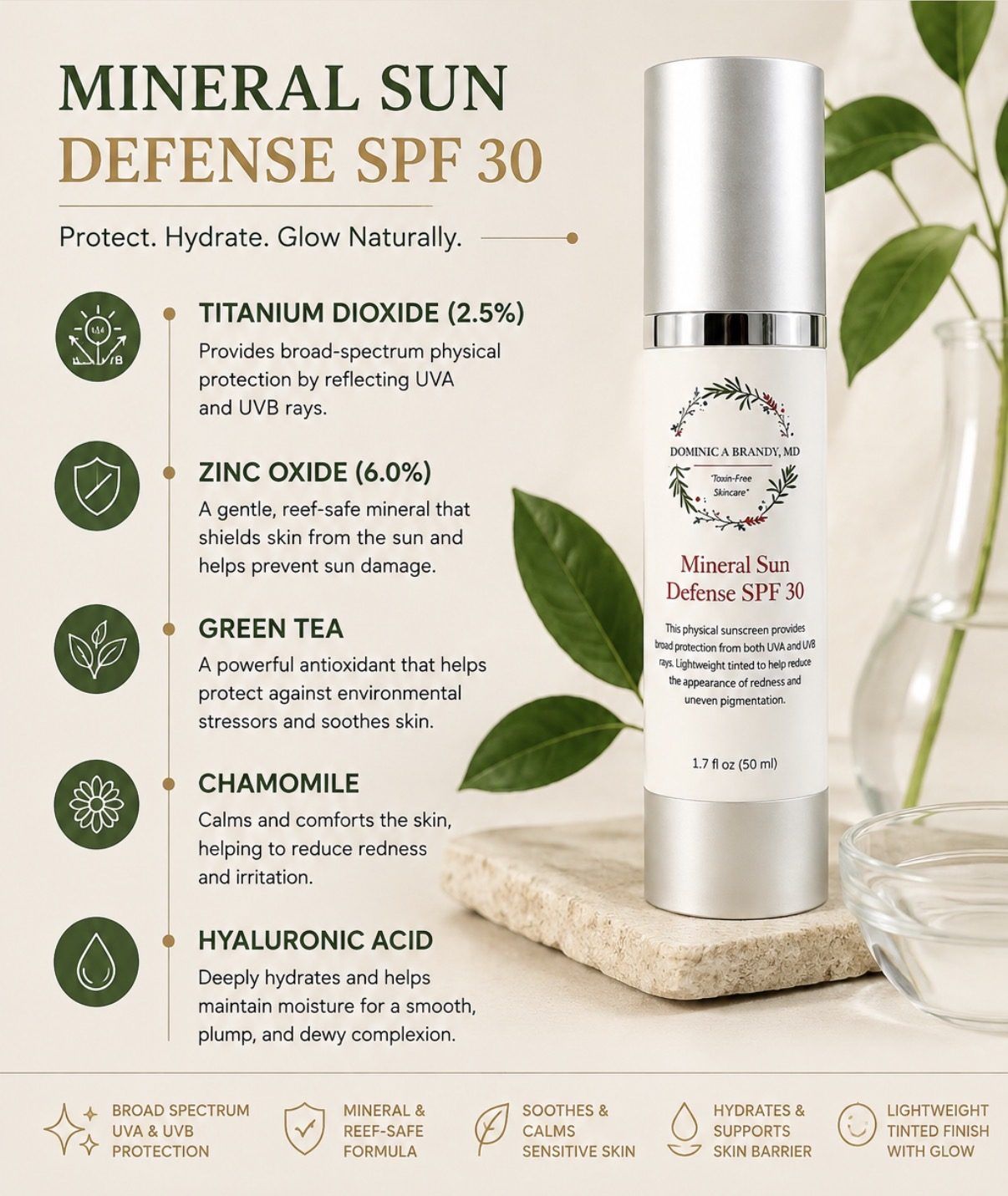 Mineral Sun Defense SPF 30 ingredients: titanium dioxide 2.5%, zinc oxide 6%, green tea, chamomile and hyaluronic acid