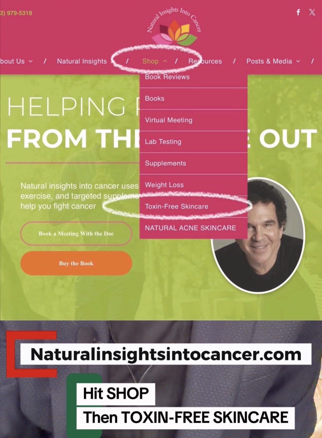 The Natural Insights Into Cancer menu with Shop and Toxin-Free Skincare circled