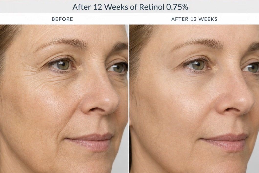 Before and after photographs of a woman's face after 12 weeks of retinol 0.75%, showing softened lines around the eye and cheek