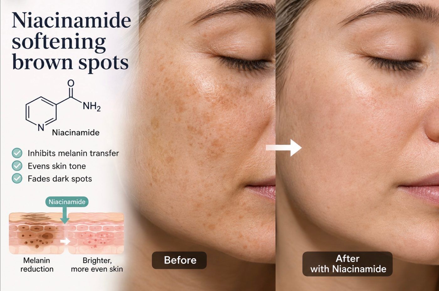 Before and after photographs showing brown spots on the cheek softening with niacinamide