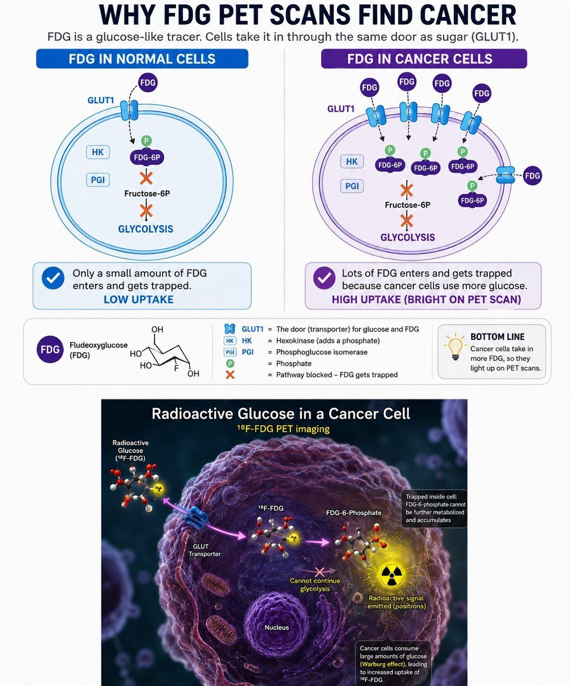 Diagram explaining why FDG PET scans find cancer: cancer cells take in far more glucose-like tracer than normal cells, so tumors light up