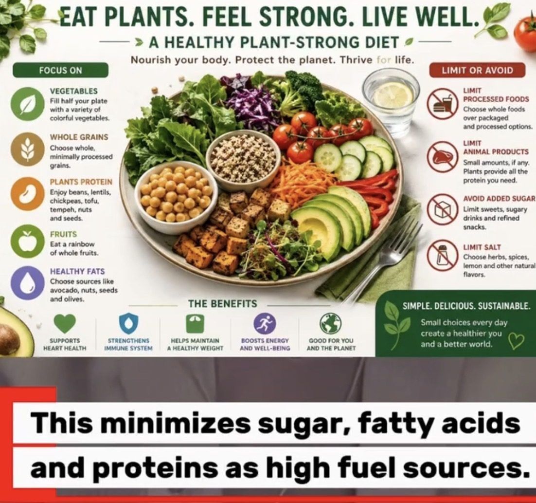 Infographic of a healthy plant-strong diet: focus on vegetables, whole grains, plant proteins, fruits and healthy fats; limit processed foods and added sugar