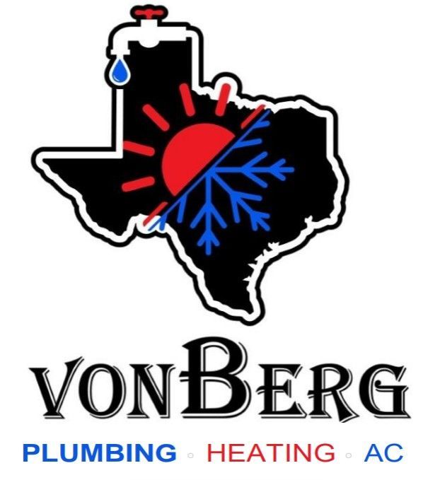 Logo for VonBerg Plumbing, Heating, and AC, featuring a Texas outline with a faucet, sun, snowflake, and company name.