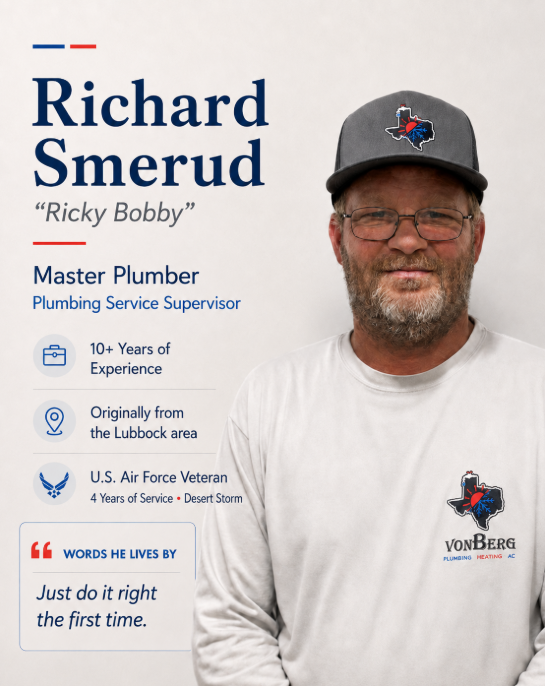 Portrait of Richard Smerud, master plumber, in cap and white shirt beside his service details.
