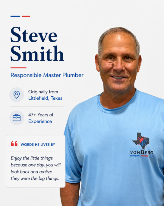 Steve Smith, Responsible Master Plumber, in blue shirt with Texas branding, smiling beside profile text.