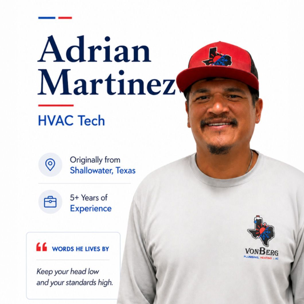 Adrian Martinez HVAC Tech headshot with logo, Shallowater, Texas, and 5+ years experience callout