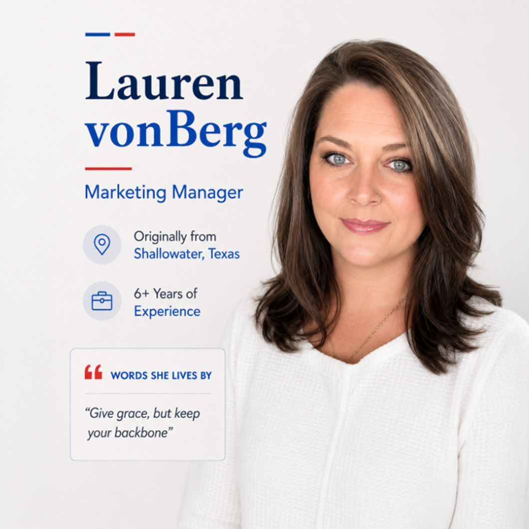 Lauren vonBerg marketing manager headshot with white blouse and profile details on a white background