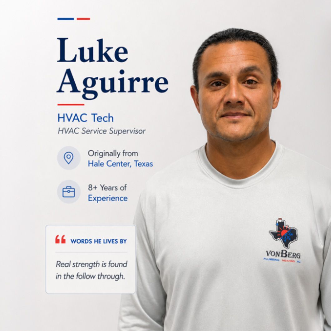 Portrait of Luke Aguirre with HVAC Tech branding, white shirt, and Texas-themed logo on a light background