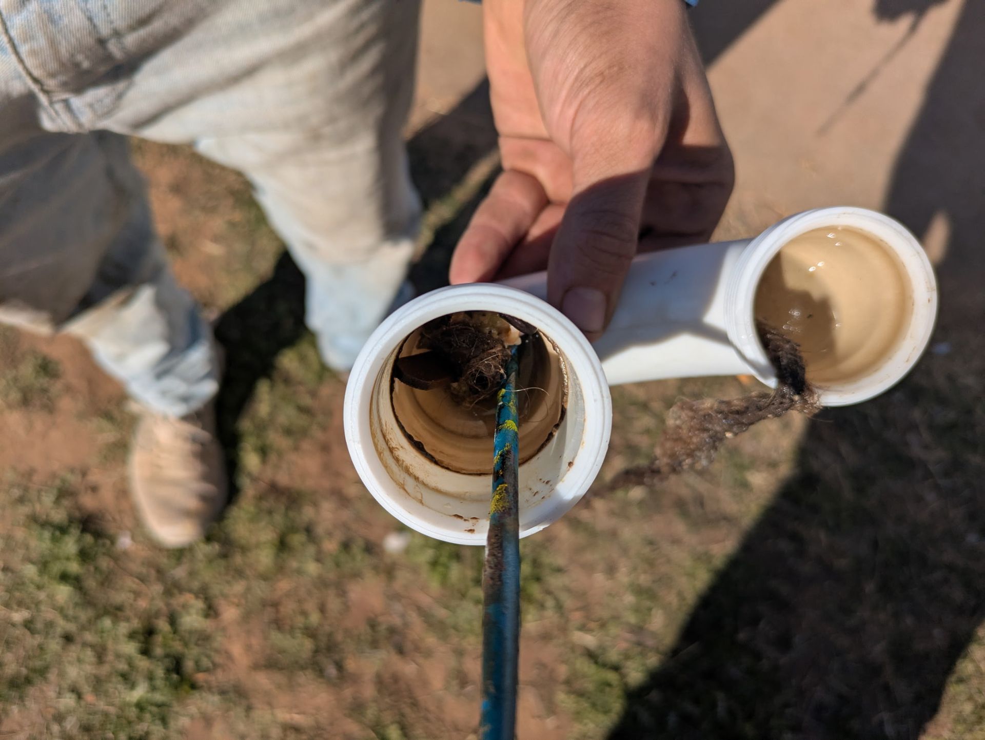 Two white cups connected by a tube held over dirt, with one cup containing a dark liquid and a stick.