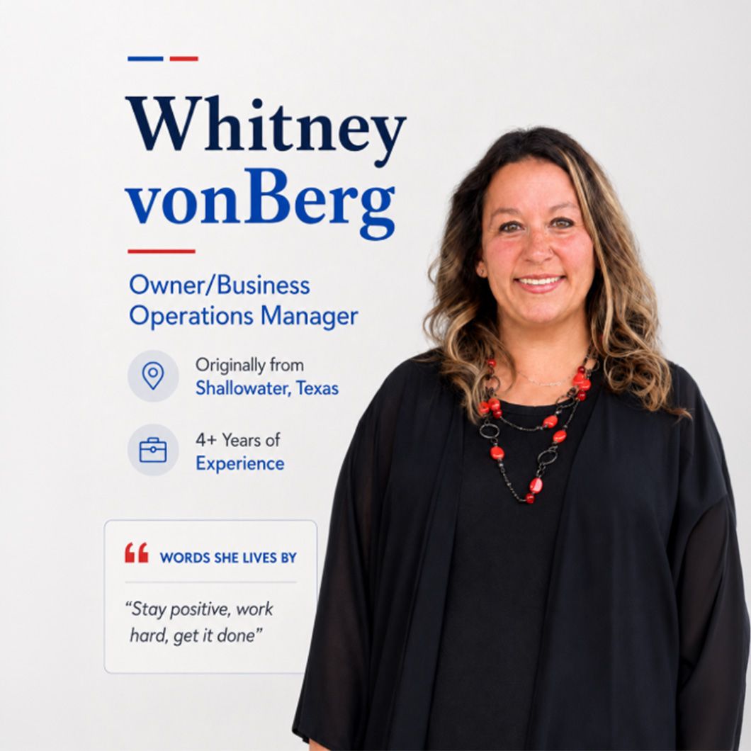 Whitney vonBerg business card with headshot, name, title, location, and quote on a white background