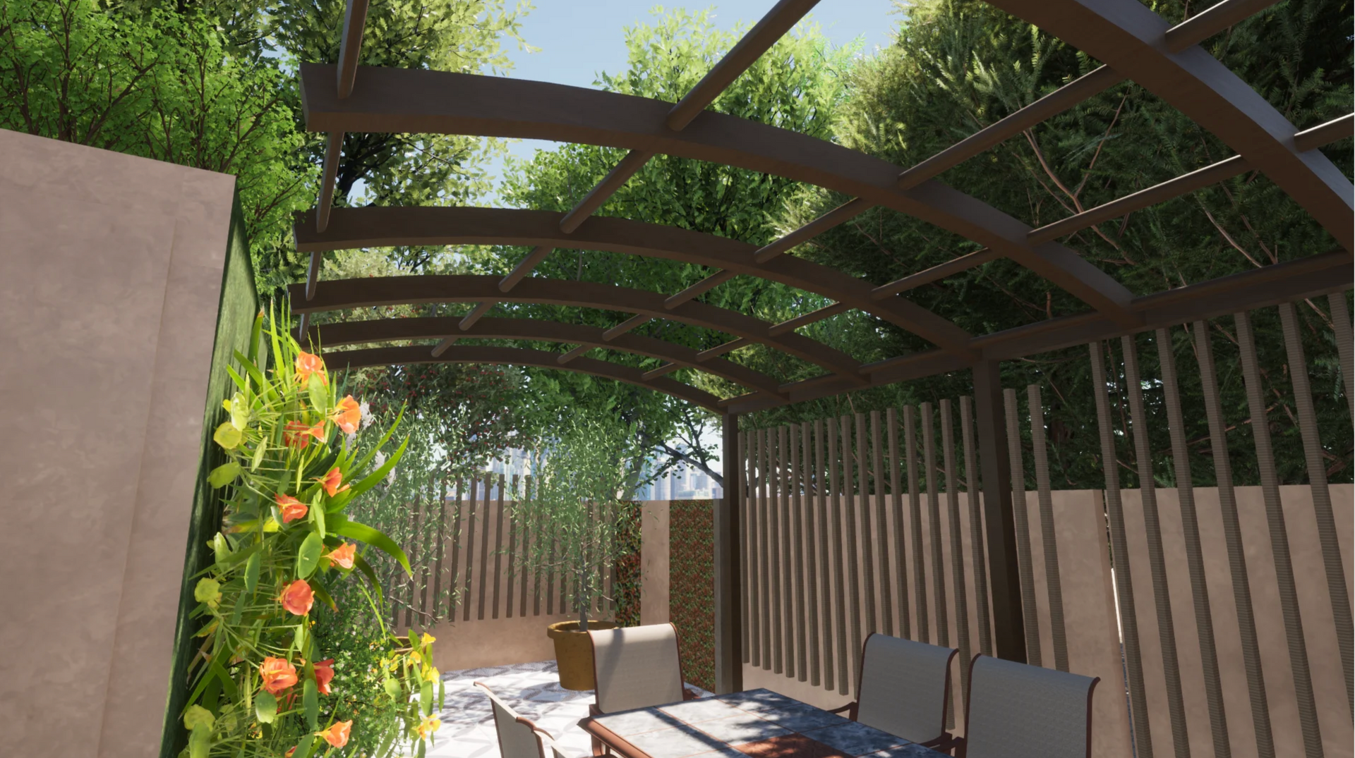 Cambridge courtyard garden design with planting and outdoor dining