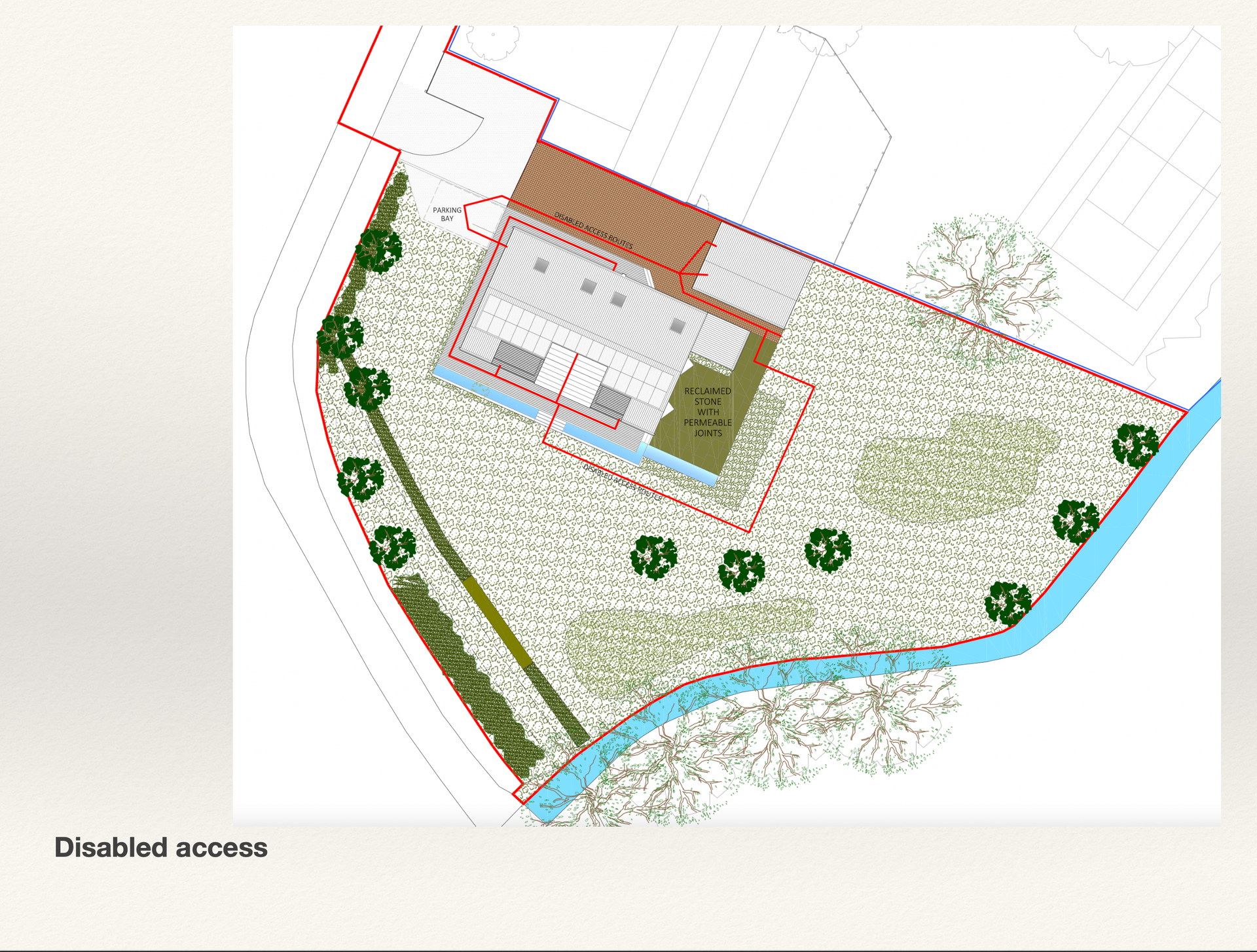 An aerial view of a house with a river running through it