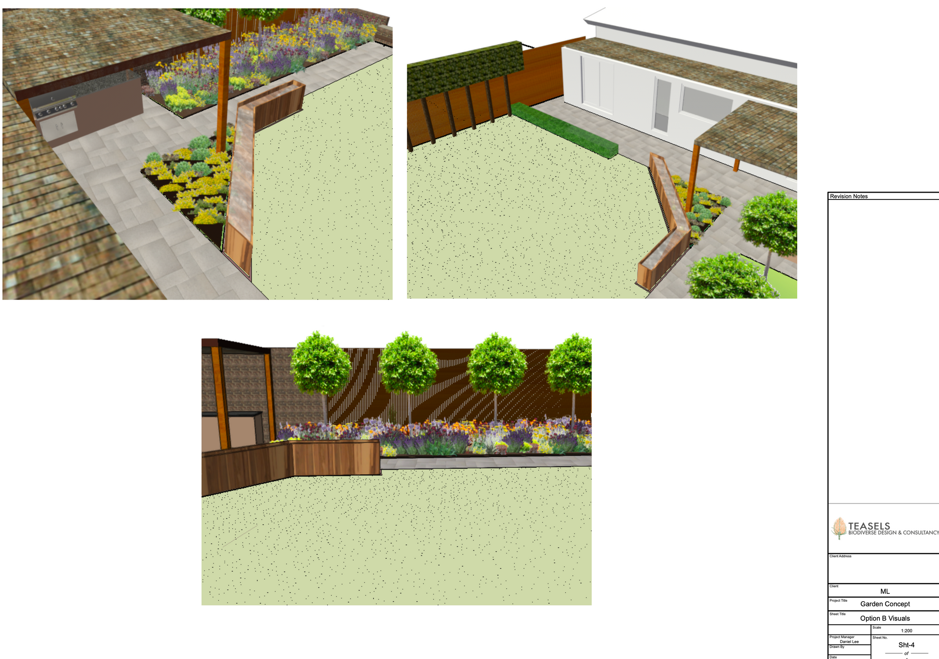 A drawing of a backyard with a house in the background
