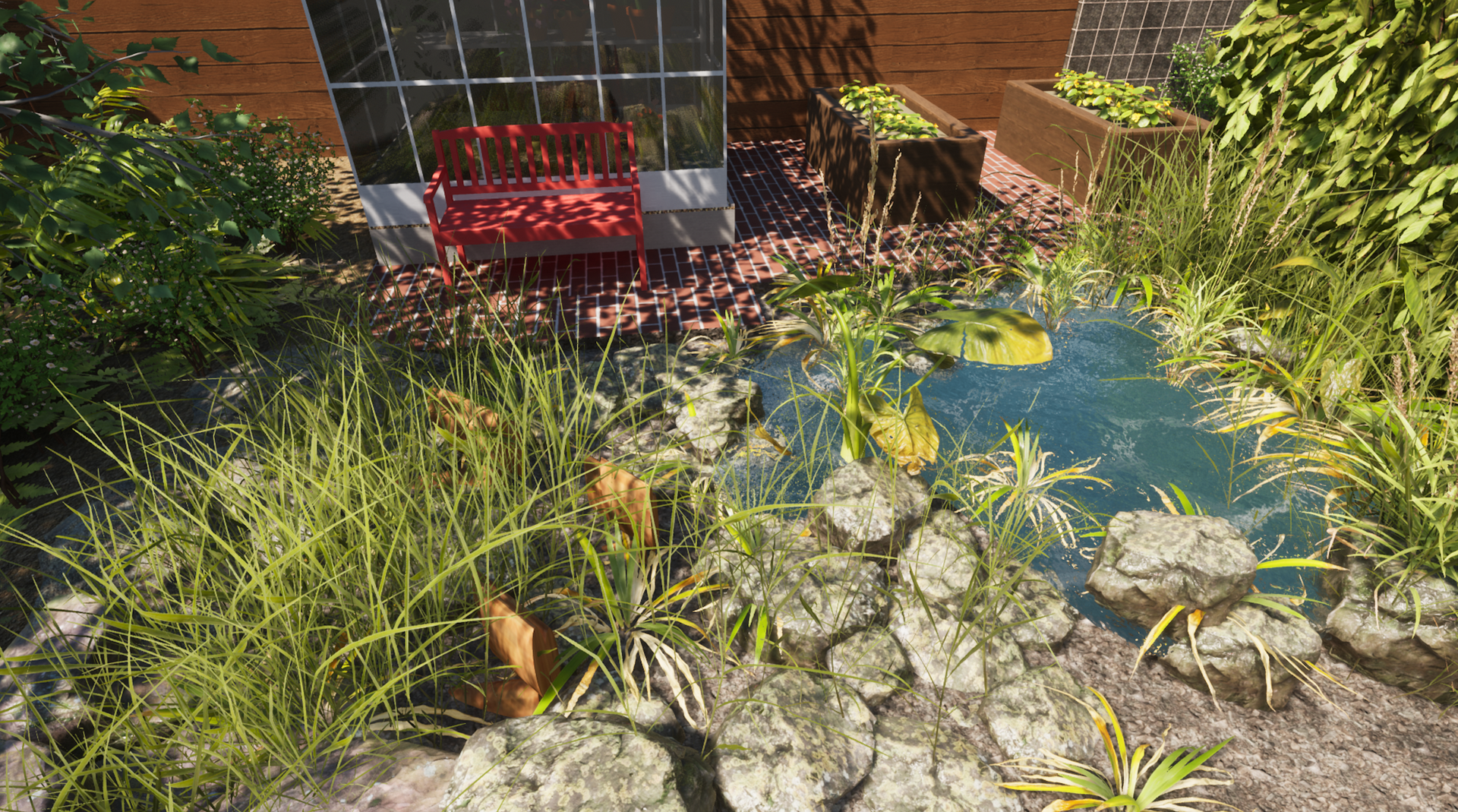 A pond surrounded by rocks and plants with a building in the background.