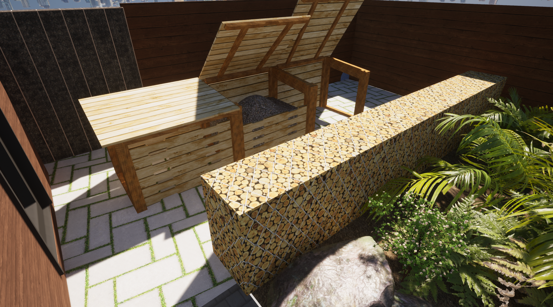 A wooden table and chairs are sitting on a brick patio.