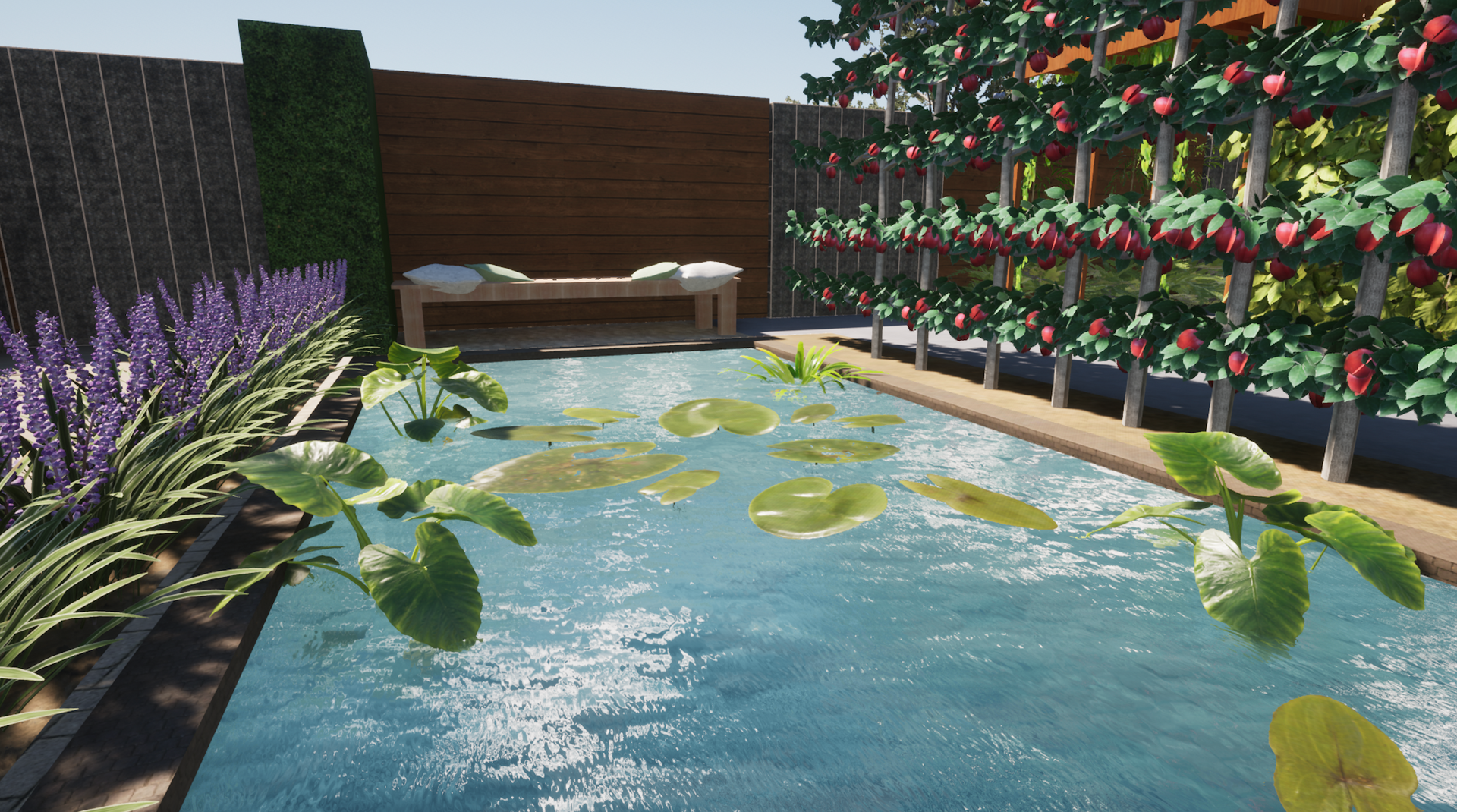 A swimming pool surrounded by plants and flowers in a garden.
