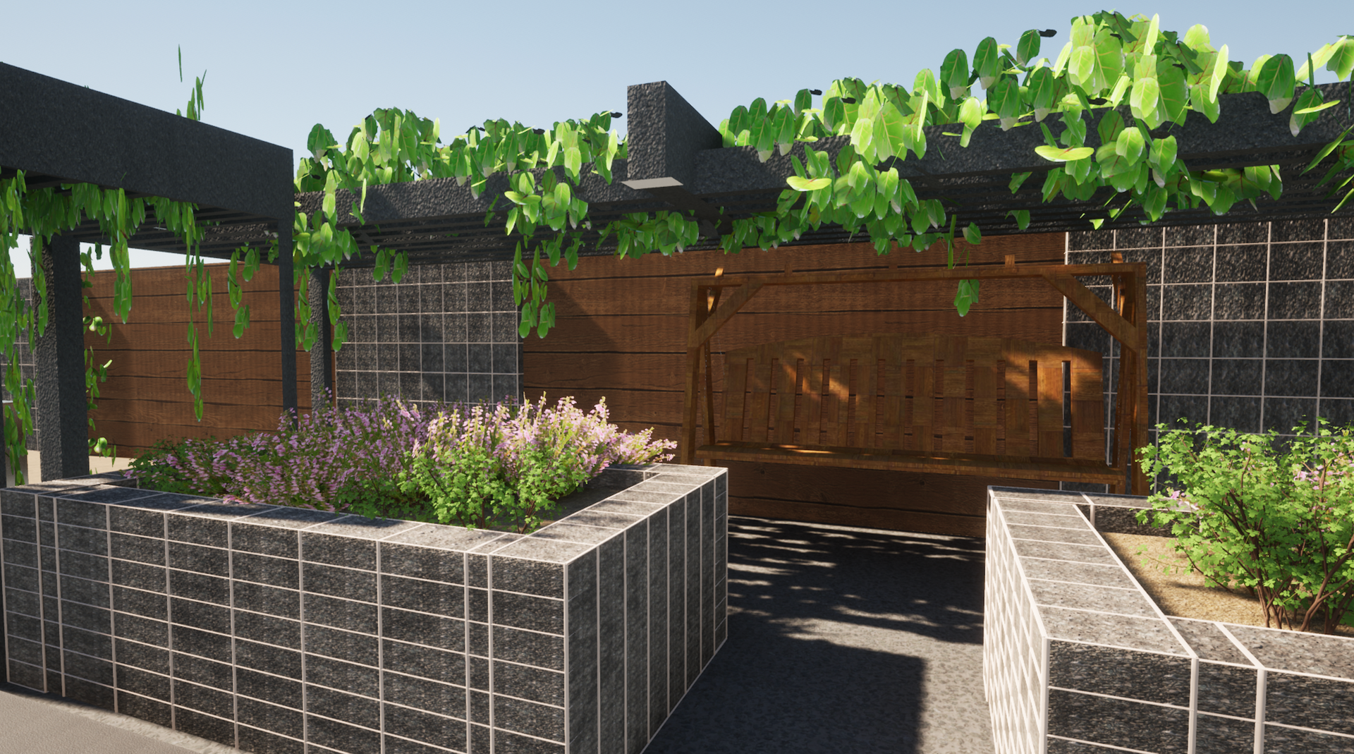 A 3d rendering of a house with a garden in front of it.