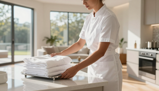 Person in a white kitchen folding towels on a counter near large windows.