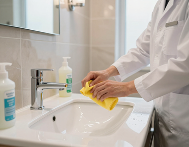 Person wiping a white bathroom sink with a yellow cloth near a chrome faucet and soap dispenser