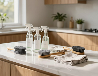 Cleaning supplies on a kitchen island with spray bottles, brushes, and folded cloths.