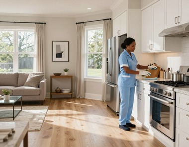 Person cooking in a bright modern kitchen beside a stove and white cabinets.