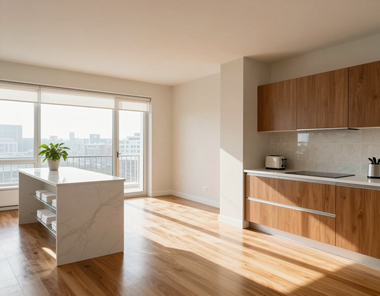 Sunlit modern kitchen with marble island, wood cabinets, and large windows overlooking a city skyline