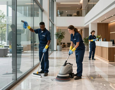 Janitors cleaning a modern lobby with glass walls, using a window squeegee and floor scrubber.