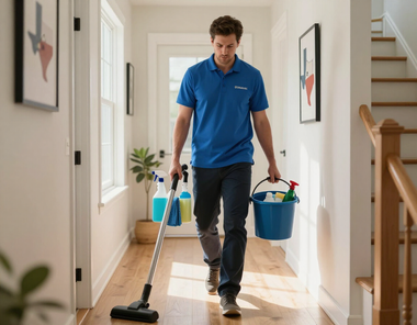 Man vacuuming a sunlit hallway while carrying cleaning buckets