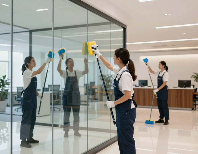 Custodial staff cleaning a glass office lobby with mops and spray bottles