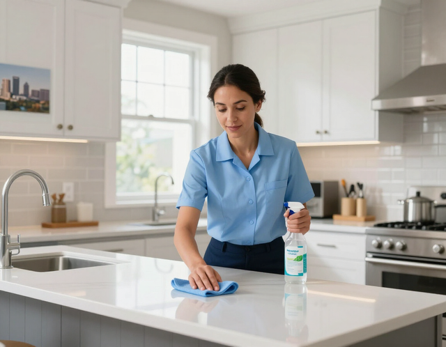 Woman wiping a kitchen countertop with a blue cloth beside a spray cleaner