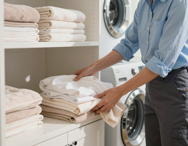 Person folding white towels in a laundry room beside a washer and dryer