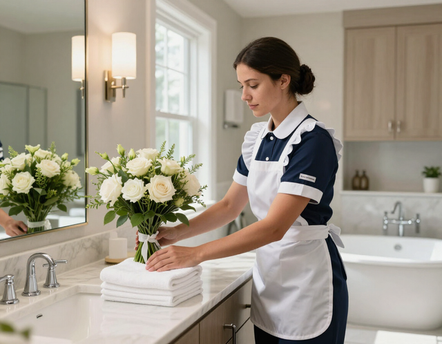 Housekeeper folding towels in a bright bathroom with white flowers by the sink