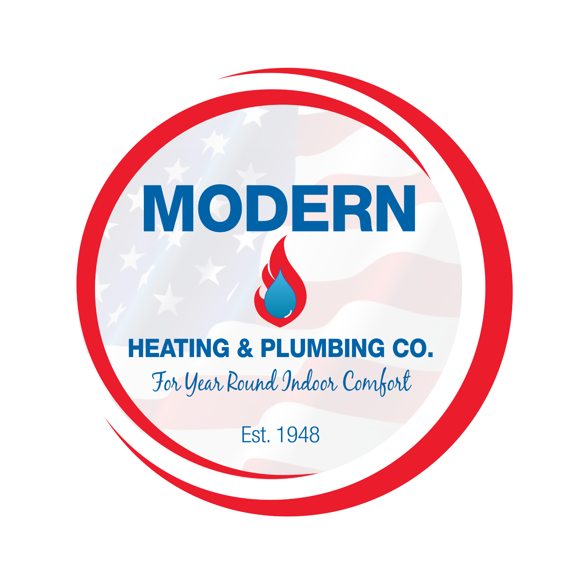 Logo for Modern Heating and Plumbing: red, white, and blue, with text "MODERN" and "HEATING AND PLUMBING."